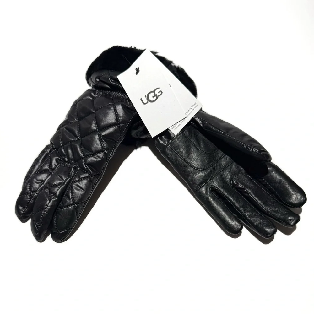 UGG Black Quilted Touchscreen Leather Gloves NWT